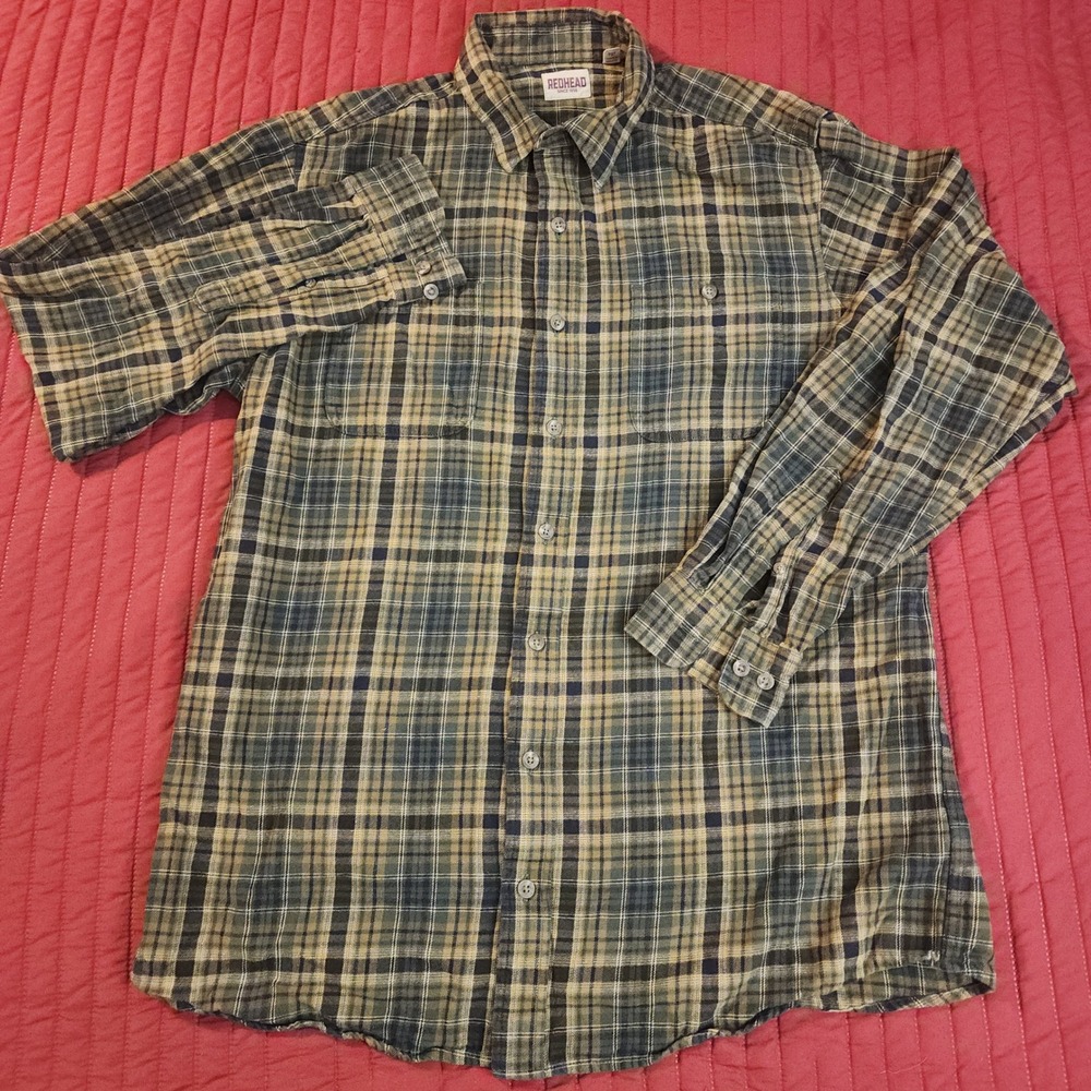 Redhead Mens XLT Plaid Flannel Long Sleeve Button Down Shirt Green Tan Tall